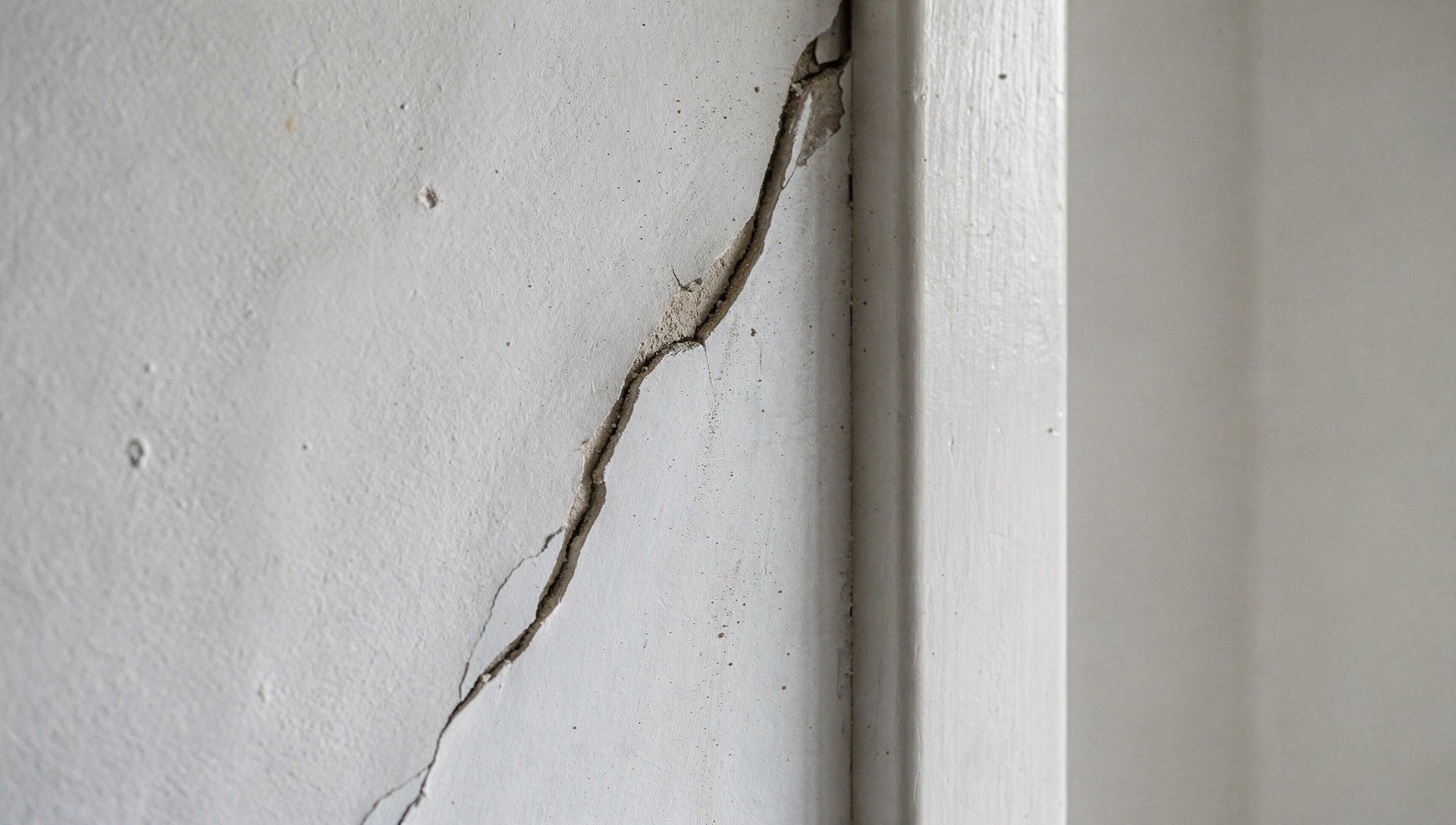 Fissure diagonale dans un mur intérieur partant du coin d'un cadre de porte