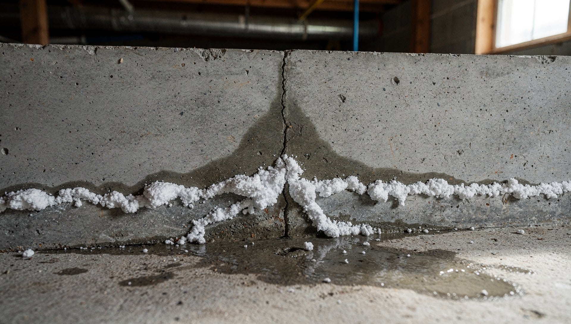 Infiltration d'eau et efflorescence blanche sur un mur de fondation au sous-sol