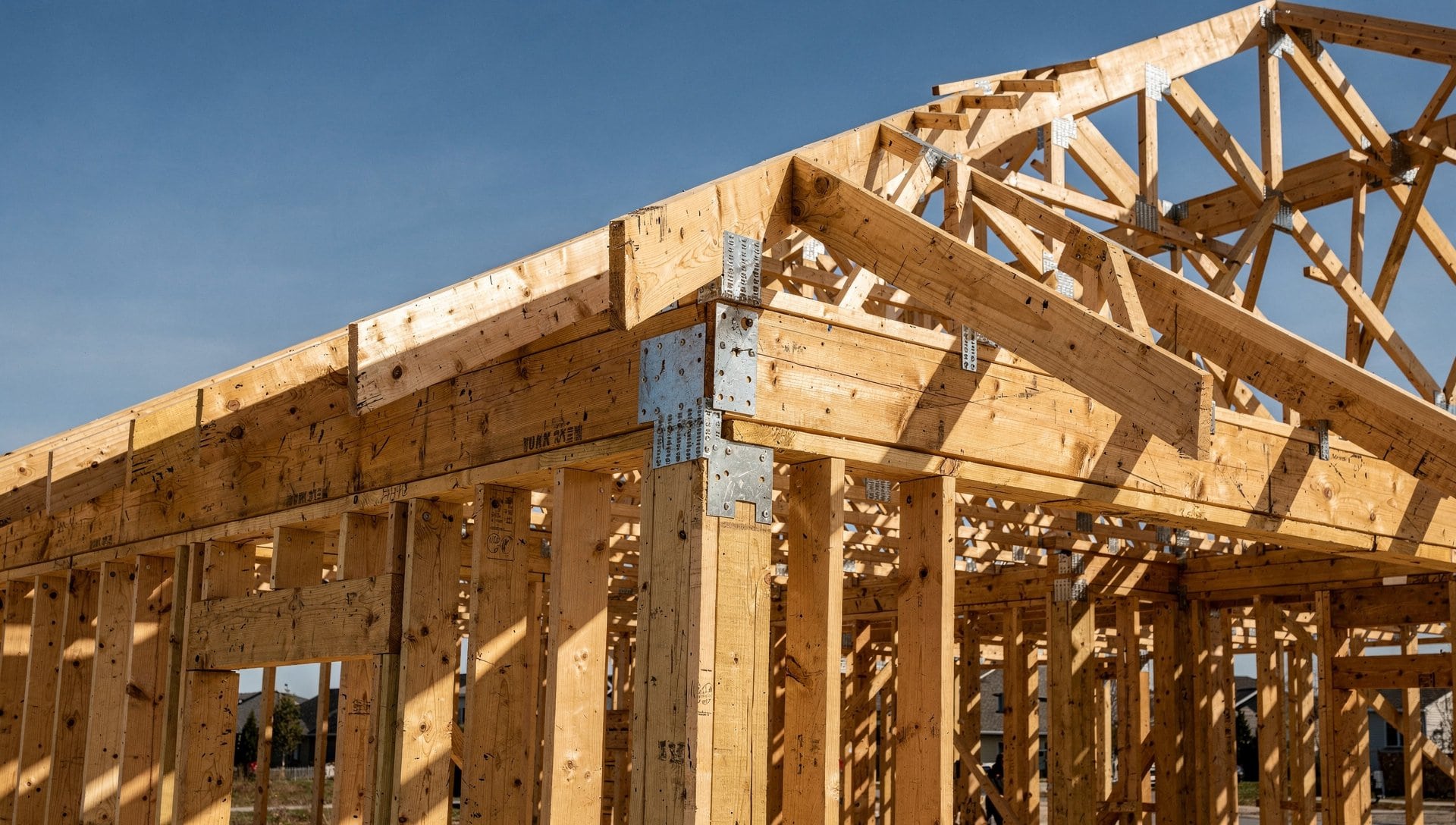 Charpente de bois et fermes de toit d'une maison neuve en construction au Québec