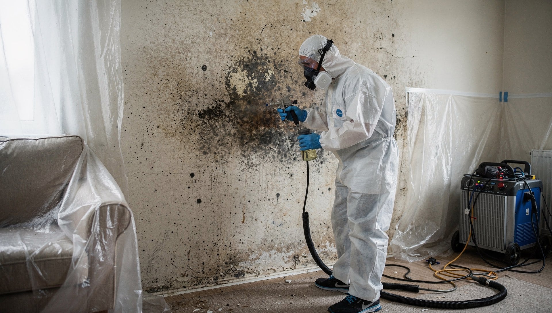 Une décontamination professionnelle se fait sous confinement, avec équipement de protection et contrôle de l'air.