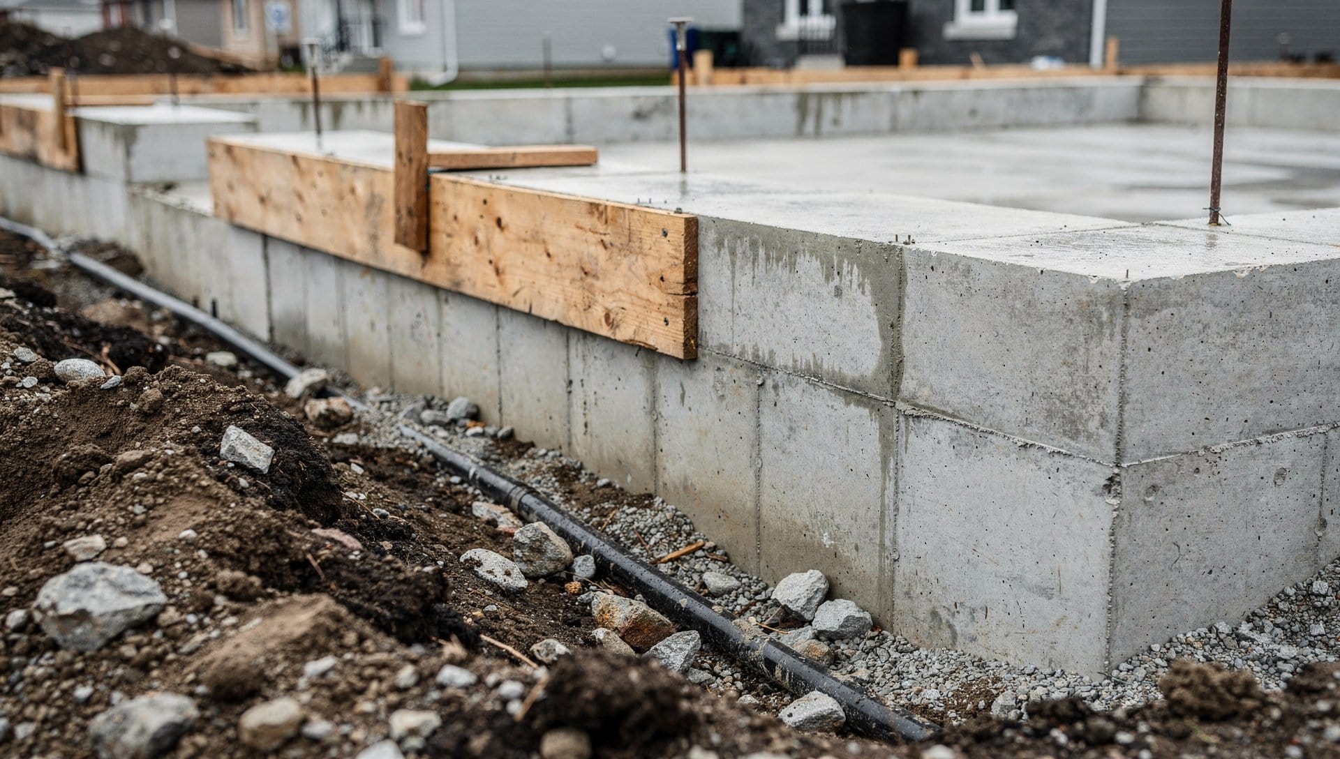Fondation de béton coulée avec coffrage de bois sur un chantier résidentiel au Québec