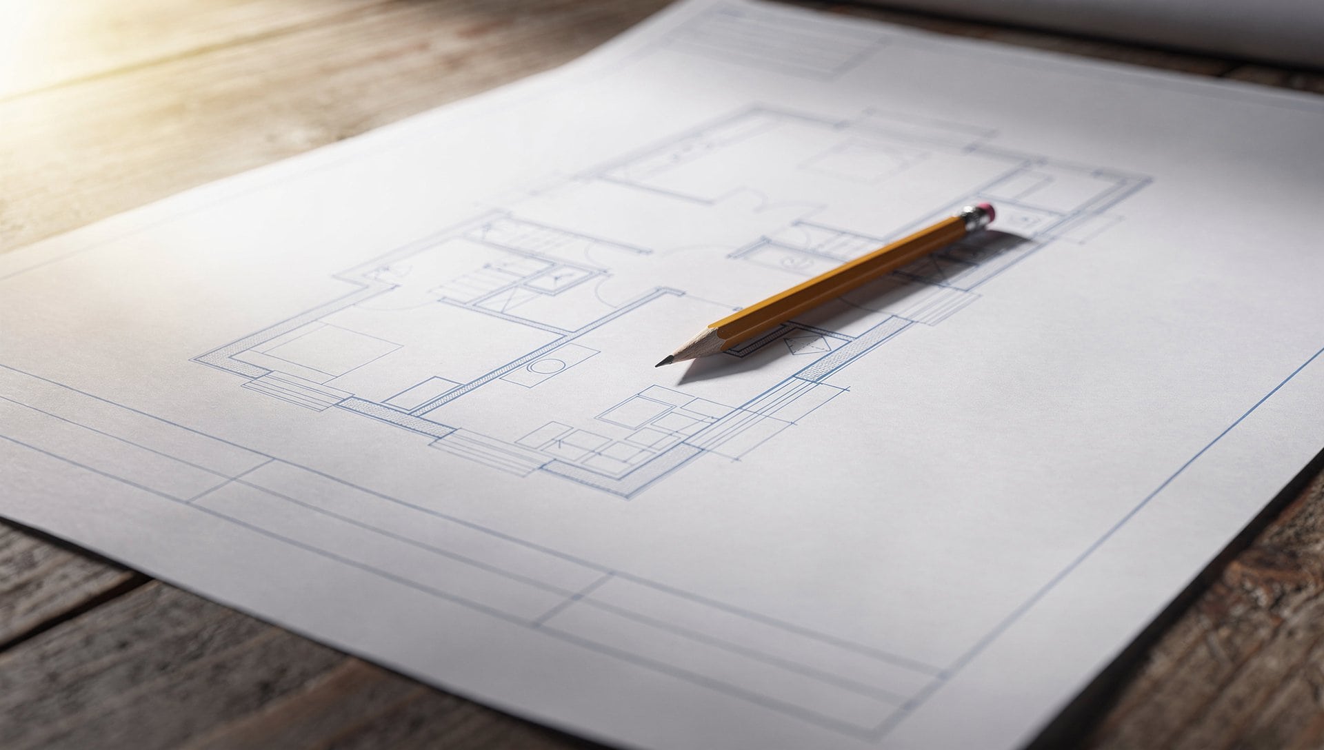 Plans d'architecte d'une maison avec un crayon posé sur une table de travail